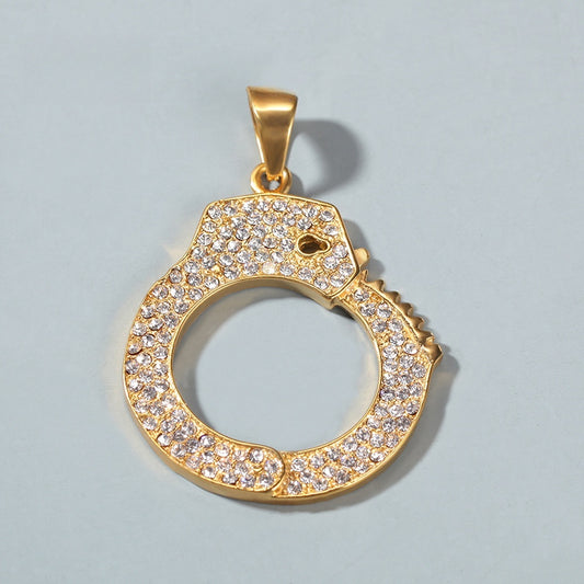 Iced Handcuff Pendant Necklace for Women and Men – Gold Plated Stainless Steel Cuban Chain Statement Necklace