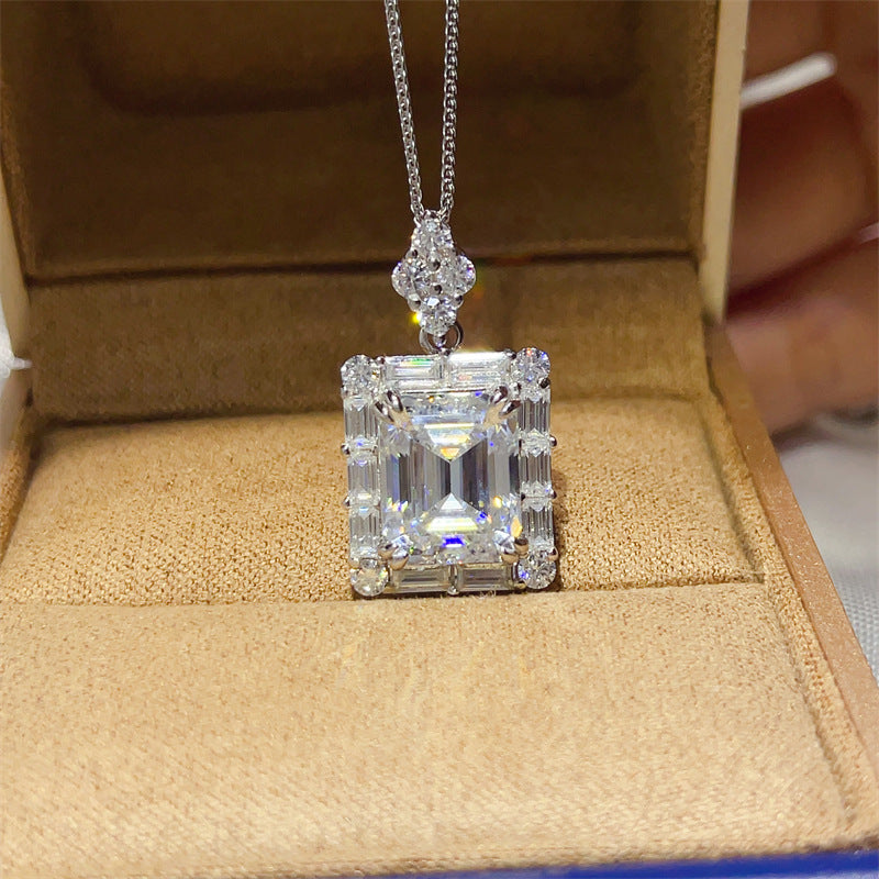 5 Carat D Color Moissanite Pendant Necklace with Chain, Emerald Cut Halo Necklace product image