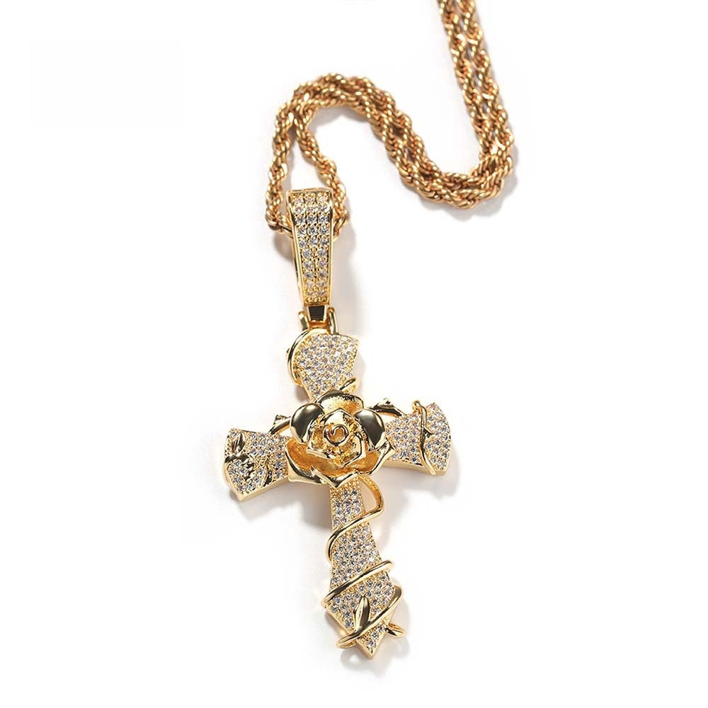 Rose Cross Pendant Necklace with Cubic Zirconia Twist Chain for Women