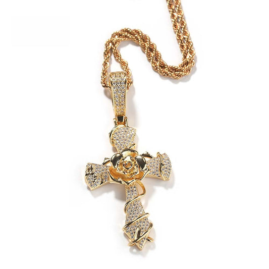 Rose Cross Pendant Necklace with Cubic Zirconia Twist Chain for Women