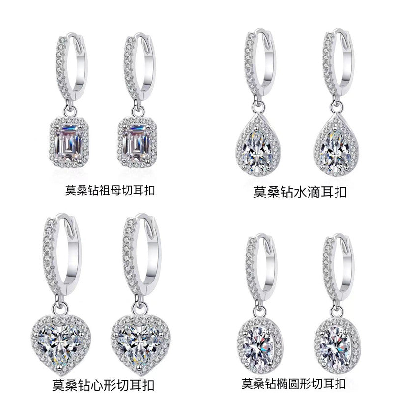Moissanite Halo Drop Hoop Earrings for Women, Emerald Cut Pear Heart Oval Dangle Earrings