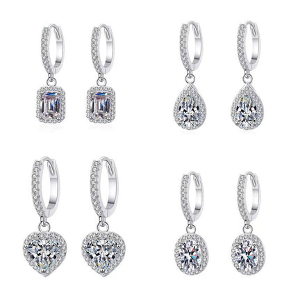 Moissanite Halo Drop Hoop Earrings for Women, Emerald Cut Pear Heart Oval Dangle Earrings