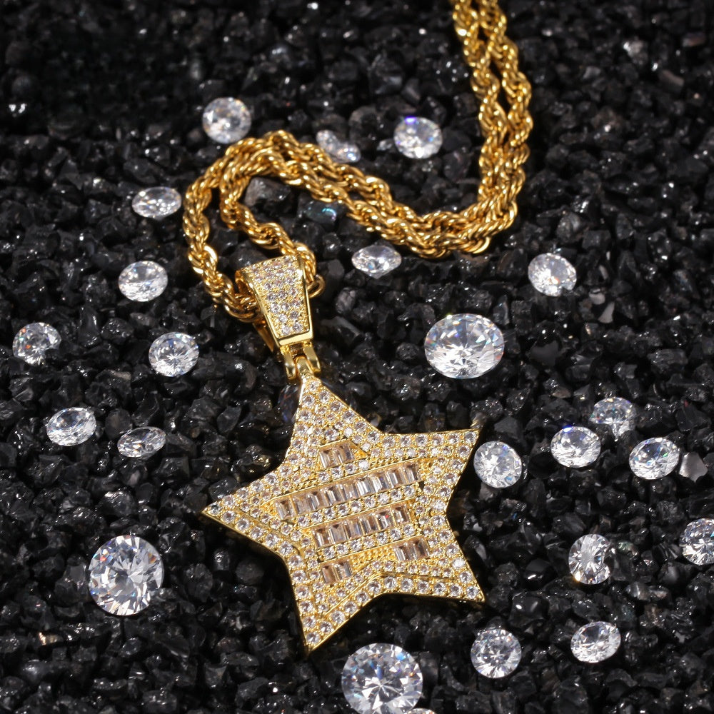 Iced Out Star Pendant Necklace for Women & Men - Cubic Zirconia Hip Hop Chain in Gold or Silver, Twist or Cuban Link