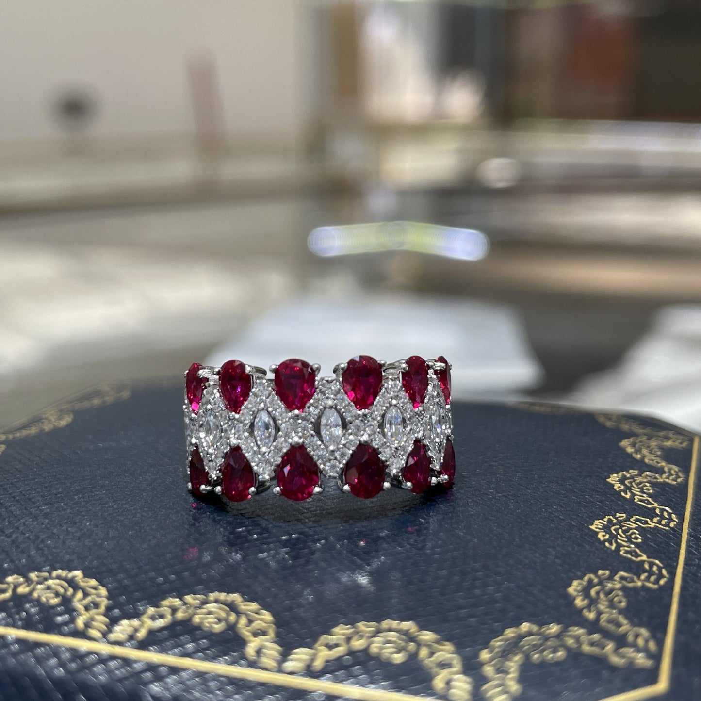 925 Silver Vintage Red Stone Bracelet, Ruby-Tone Wide Band Bangle product image