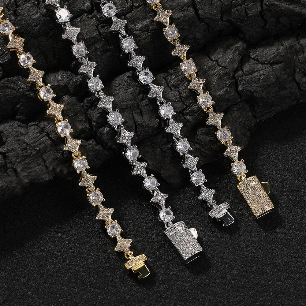 Iced Cross Star Tennis Chain Necklace Bracelet Set with Cubic Zirconia for Women and Men