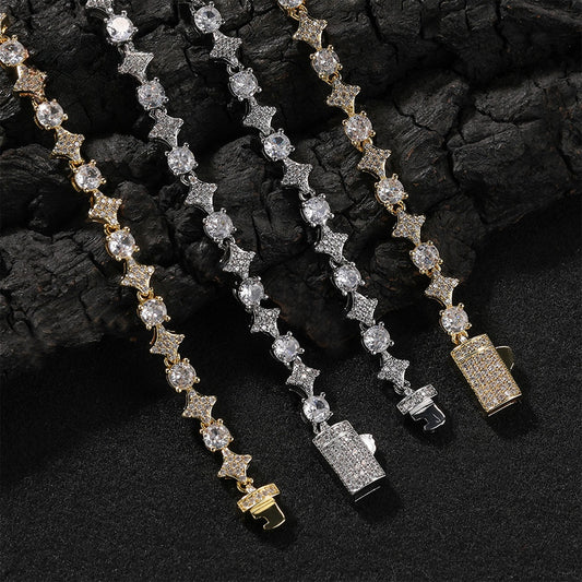 Iced Cross Star Tennis Chain Necklace Bracelet Set with Cubic Zirconia for Women and Men
