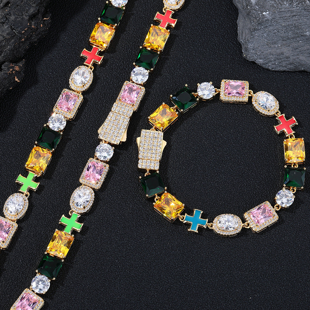 Colorful Cross Pendant Chain Necklace and Bracelet, 10mm Geometric Cubic Zirconia Jewelry Set product image