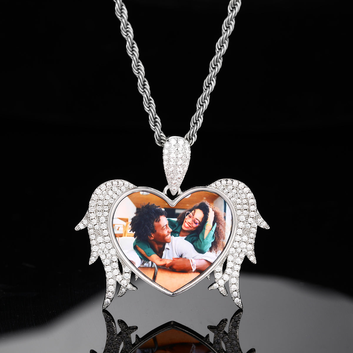 Custom Photo Heart Wing Pendant Necklace in Silver Tone with Rope Chain product image
