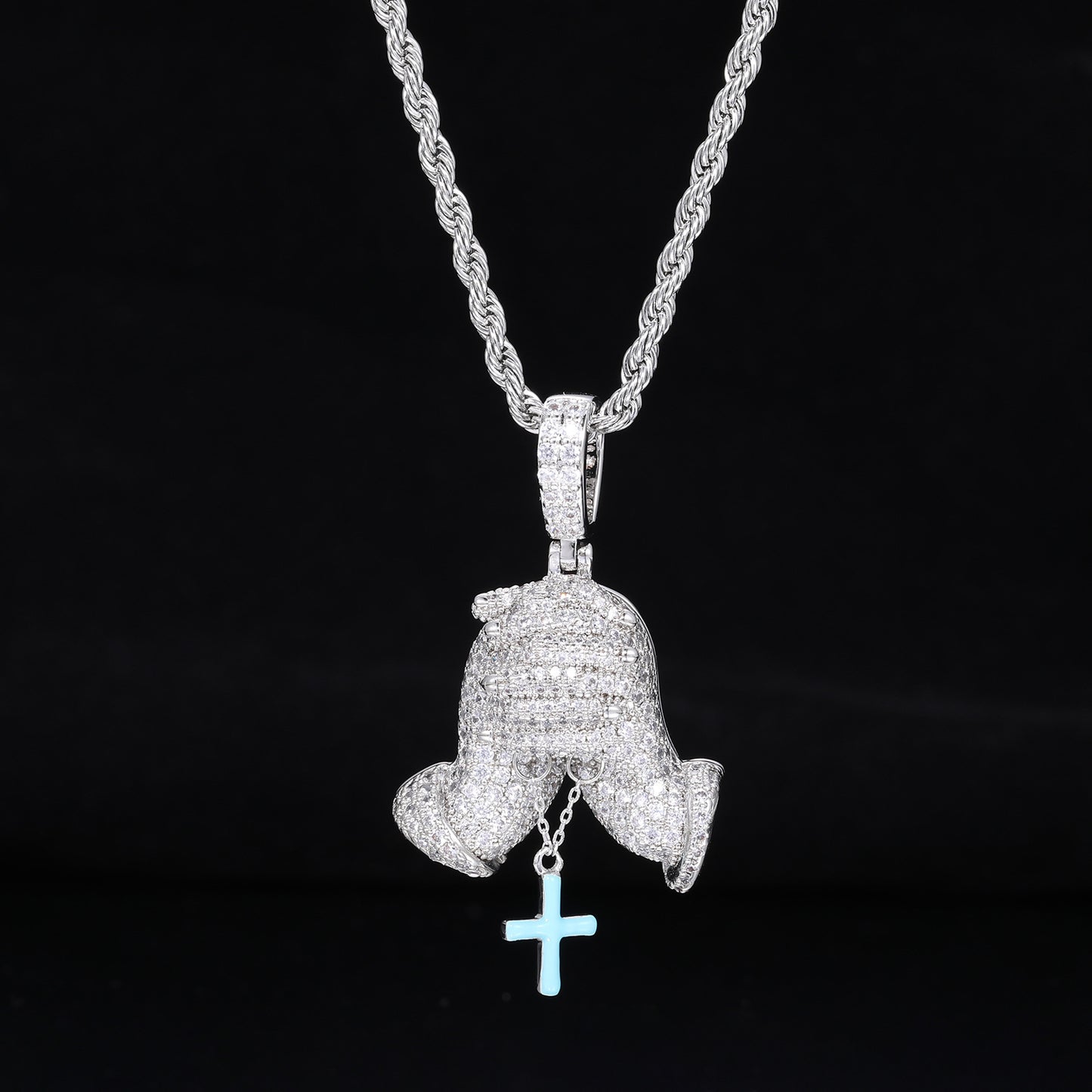 Iced Out Praying Hands Cross Pendant Necklace in White Tone with Cubic Zirconia product image