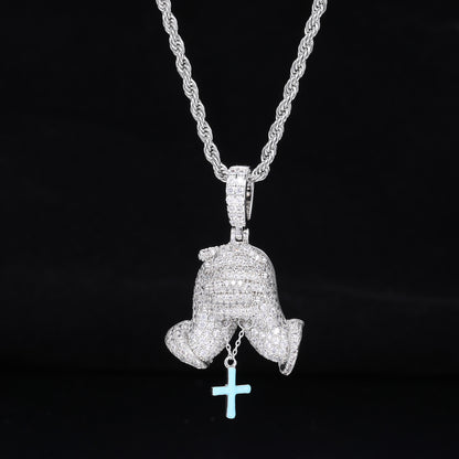 Iced Out Praying Hands Cross Pendant Necklace in White Tone with Cubic Zirconia