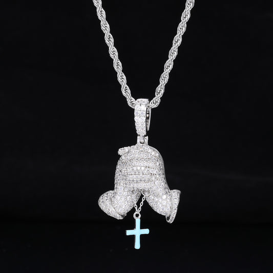 Iced Out Praying Hands Cross Pendant Necklace in White Tone with Cubic Zirconia product image