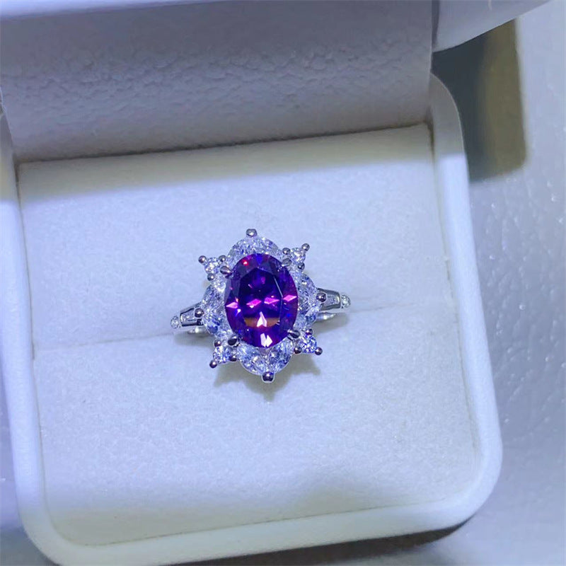Purple Oval Moissanite Ring for Women, 2 Carat Halo Engagement Ring, U-Shaped Statement Ring product image