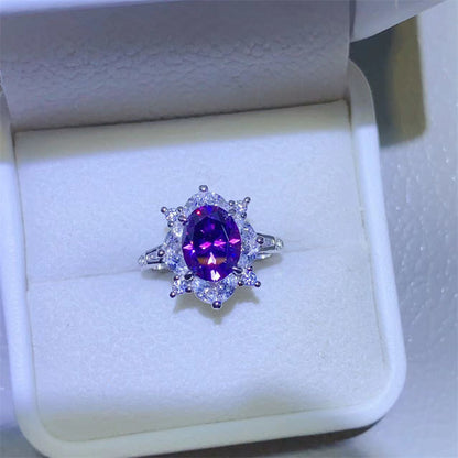 Purple Oval Moissanite Ring for Women, 2 Carat Halo Engagement Ring, U-Shaped Statement Ring