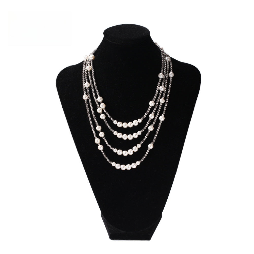 Unisex Layered Pearl Chain Necklace – Trendy Statement Pendant Necklace in Silver-Plated Line Design