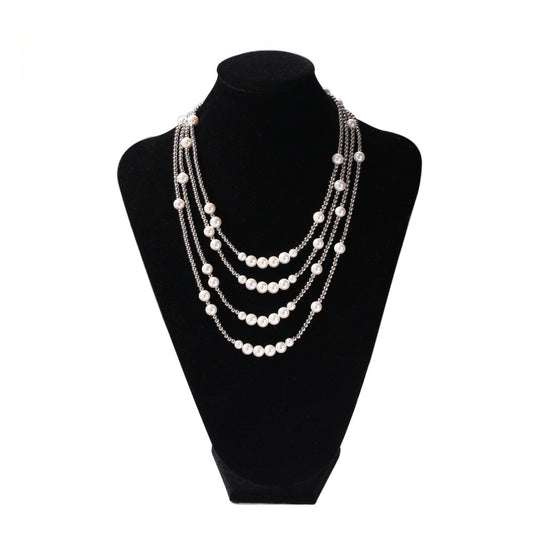 Unisex Layered Pearl Chain Necklace – Trendy Statement Pendant Necklace in Silver-Plated Line Design
