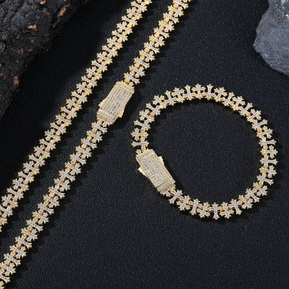 Cross Link Cubic Zirconia Chain Bracelet and Necklace, Unisex Iced-Out Jewelry