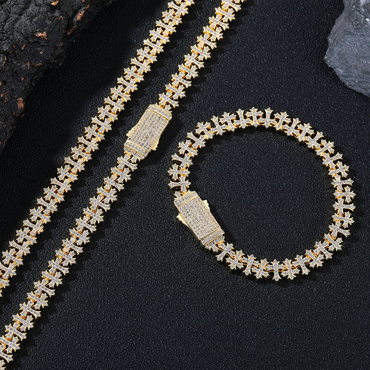 Cross Link Zircon Chain Bracelet and Necklace, Unisex Iced-Out Jewelry