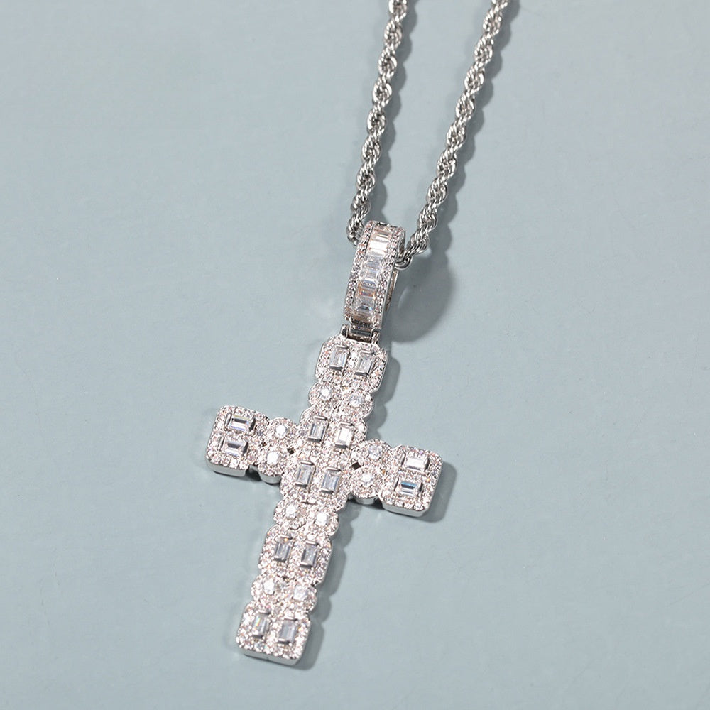 Iced Out Cross Pendant Necklace with Cubic Zirconia Twisted Chain for Women and Men