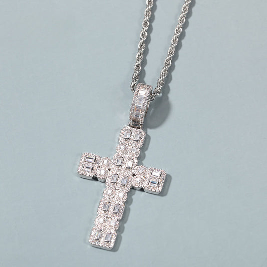 Iced Out Cross Pendant Necklace with Cubic Zirconia Twisted Chain for Women and Men