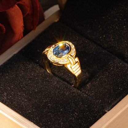 Vintage Blue Oval Halo Ring, 18K Gold Tone Closed-Band Ring for Women