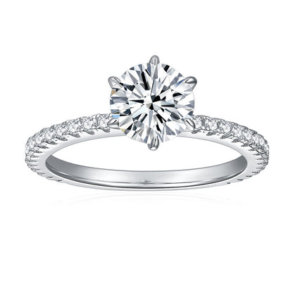 925 Silver Moissanite Ring, 6.5mm Round Six-Prong Solitaire Engagement Ring for Women