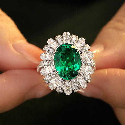 Lab-Grown Emerald Halo Ring for Women, 18K Gold Plated Oval Green Stone Ring product image