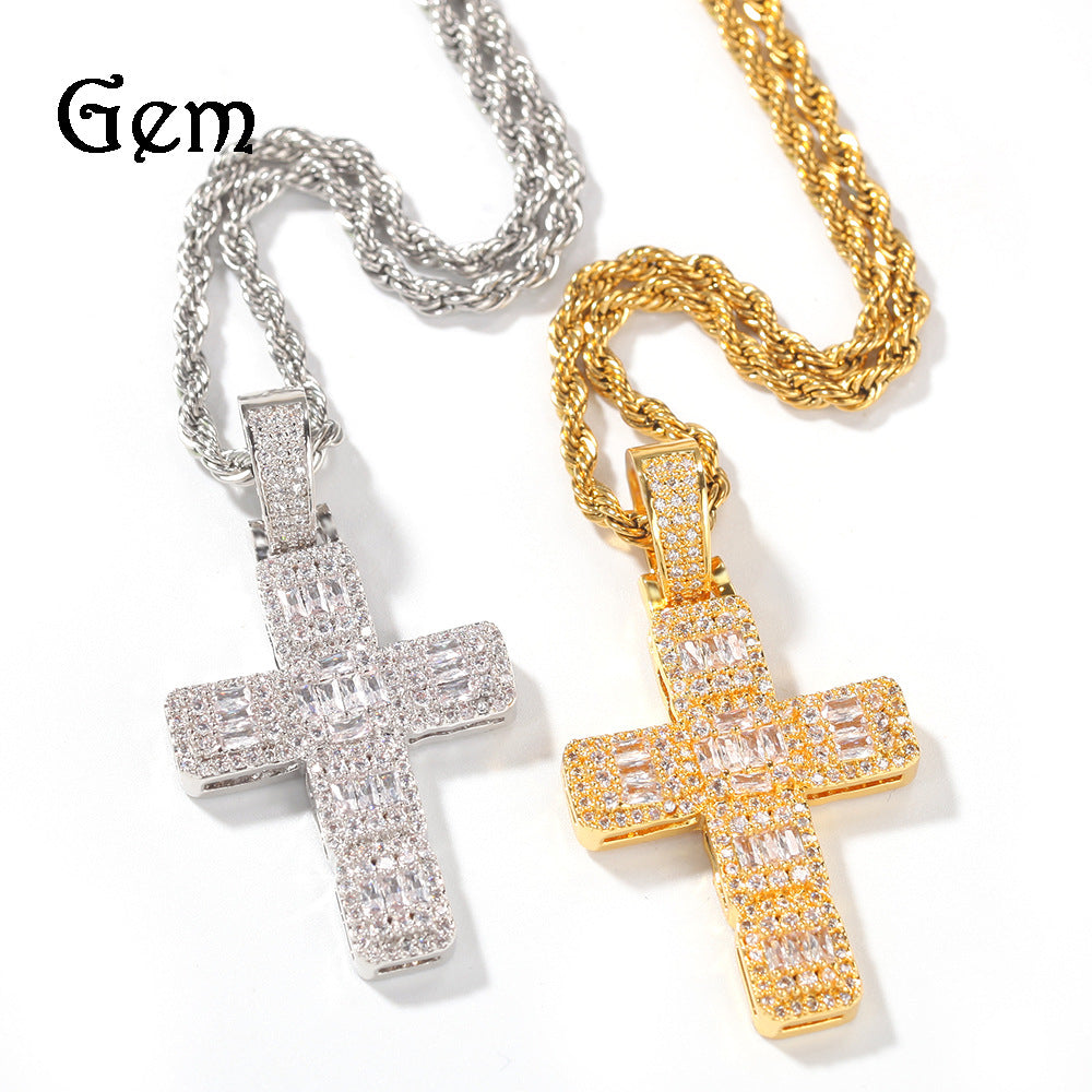 Unisex Iced Cross Pendant Necklace Stainless Steel Twisted Chain in Gold or Silver