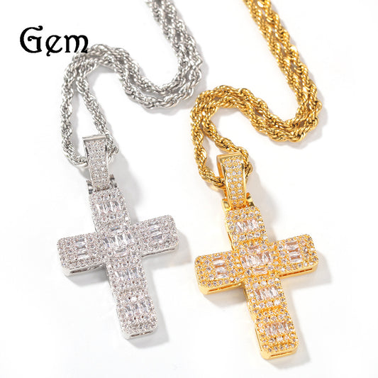 Unisex Iced Cross Pendant Necklace Stainless Steel Twisted Chain in Gold or Silver