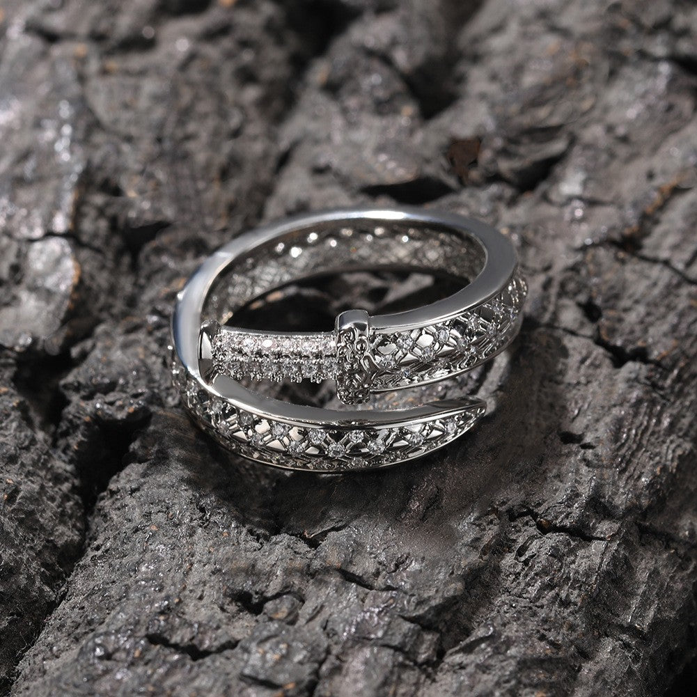 Unisex Silver Tone Cubic Zirconia Statement Ring - Trendy Openwork Line Band for Women & Men product image