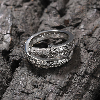 Unisex Silver Tone Cubic Zirconia Statement Ring - Trendy Openwork Line Band for Women & Men