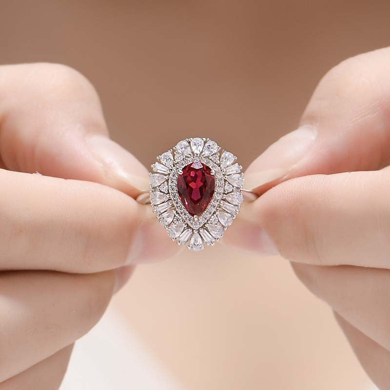 Lab-Created Ruby Halo Ring, Pear-Shaped 18K Gold Plated S925 Silver product image