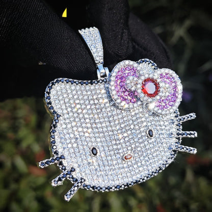 Iced Out Kitty Face Pendant Necklace Unisex Hip Hop Statement Jewelry