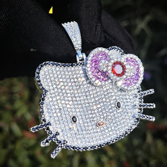 Iced Out Kitty Face Pendant Necklace Unisex Hip Hop Statement Jewelry