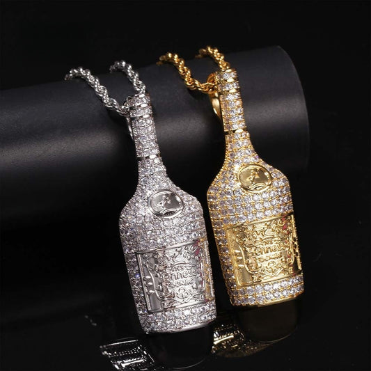 Iced Bottle Pendant Necklace for Men – Cubic Zirconia Hip Hop Chain in Gold, Silver & Two-Tone