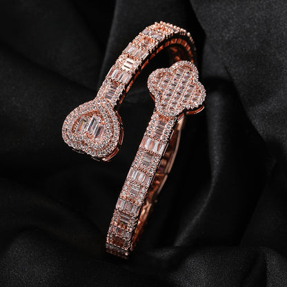 Heart & Clover Crystal Bangle Bracelet for Women in Silver Plated or Rose Gold Plated