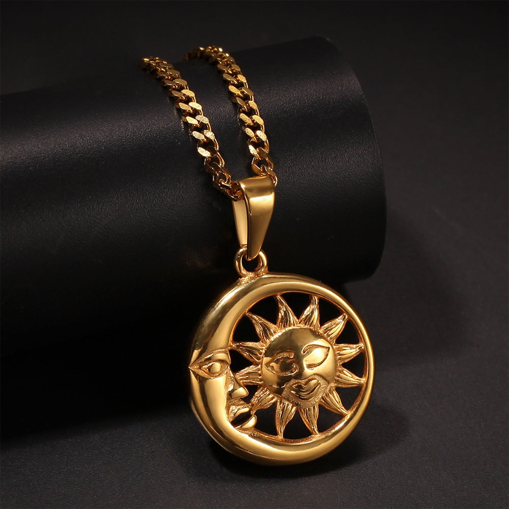 Golden Sun Moon Pendant Necklace for Women - Stainless Steel Celestial Charm Chain Necklace, Vintage Statement Jewelry Gift 2026