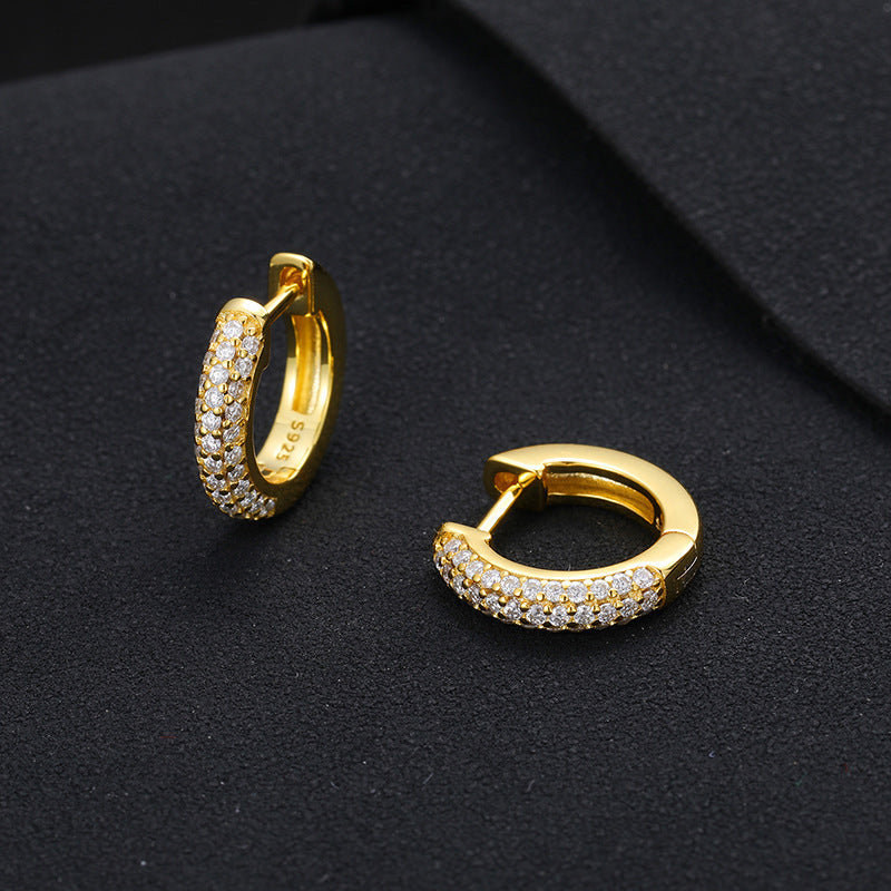 Unisex 925 Silver Moissanite Huggie Hoop Earrings in Gold Tone, Iced Out Round Geometric Stud Earrings product image