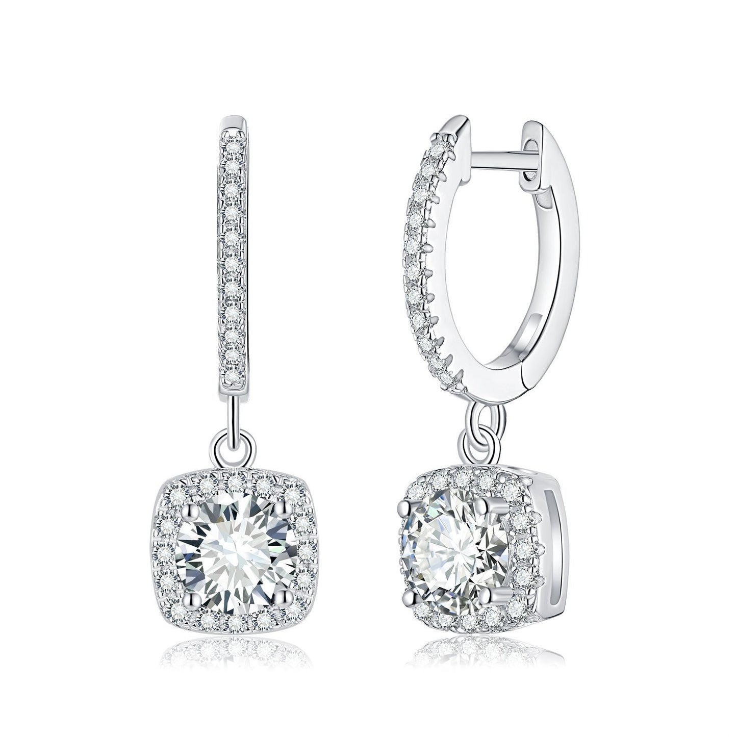 Moissanite Square Halo Drop Earrings for Women, Pavé Huggie Hoop Dangle Style product image