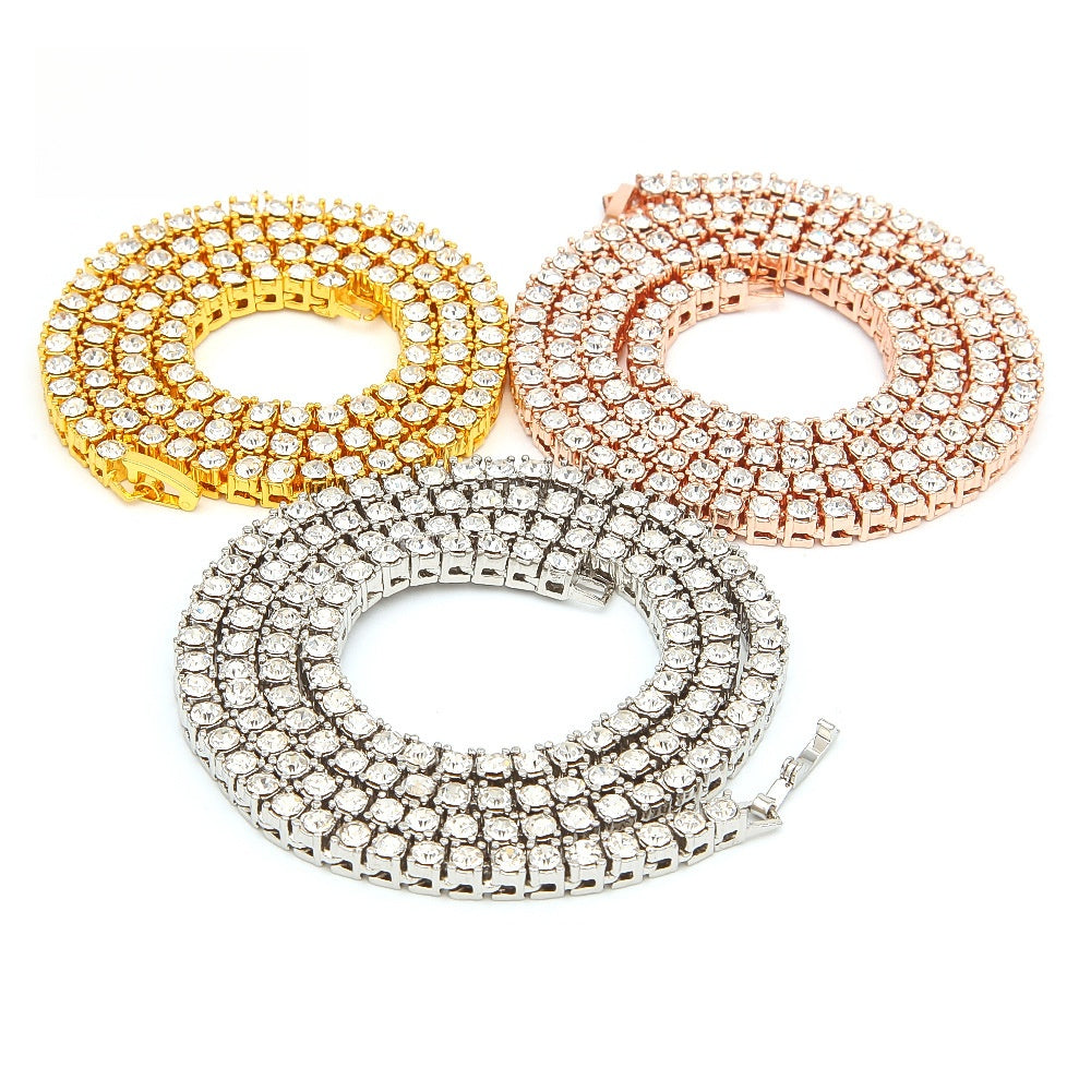 Unisex Iced Out Tennis Chain Necklace with Crystal Rhinestones - Gold, Silver & Rose Gold Plated Chain in 3mm & 4mm