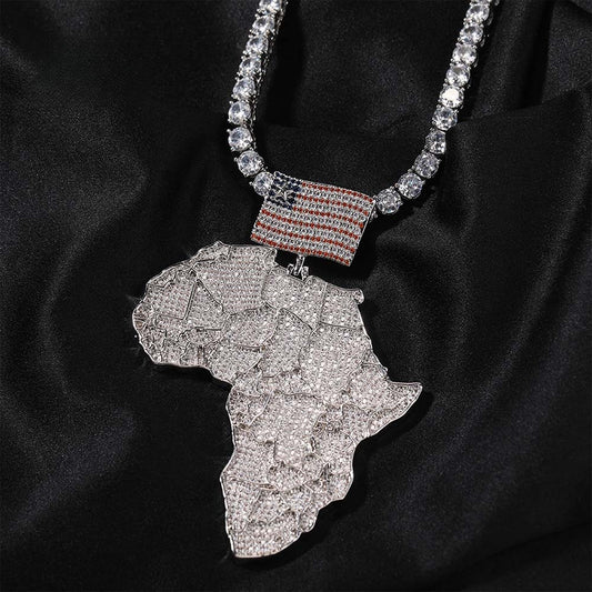 Iced Africa Map Pendant Necklace with CZ Stones & 24 Inch 3mm Rope Chain – Hip Hop Copper Necklace in Gold and Silver Tone