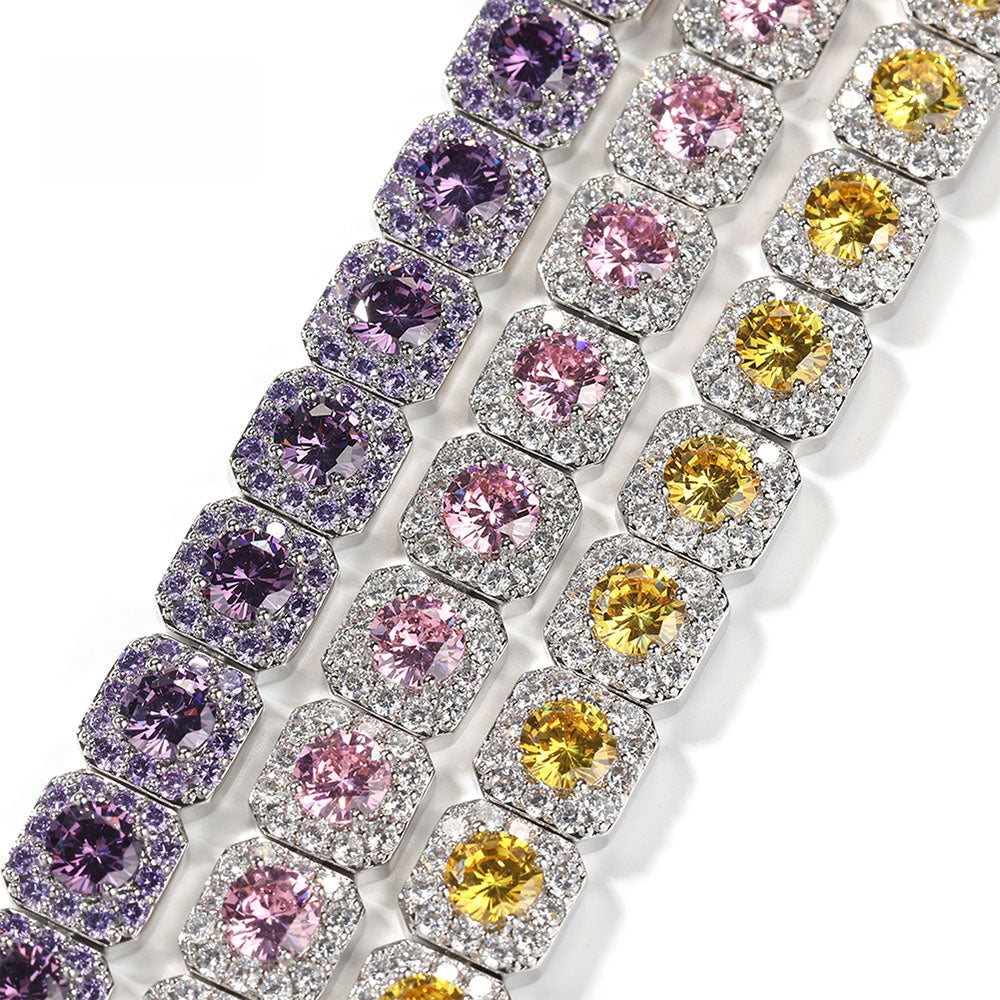 Unisex Silvery Square Link Cubic Zirconia Statement Bracelet - Pink, Purple or Yellow Stone Chain Bracelet