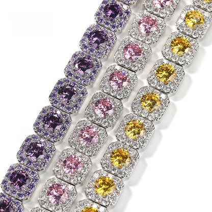 Unisex Silvery Square Link Cubic Zirconia Statement Bracelet - Pink, Purple or Yellow Stone Chain Bracelet