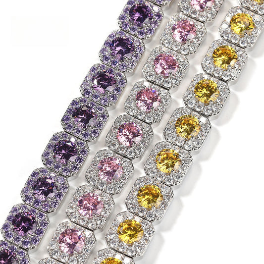Unisex Silvery Square Link Cubic Zirconia Statement Bracelet - Pink, Purple or Yellow Stone Chain Bracelet