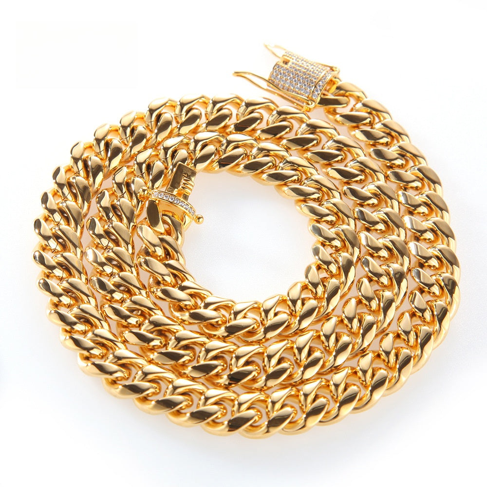 Unisex Stainless Steel Cuban Link Chain Necklace & Bracelet Set, Gold Plated Statement Jewelry
