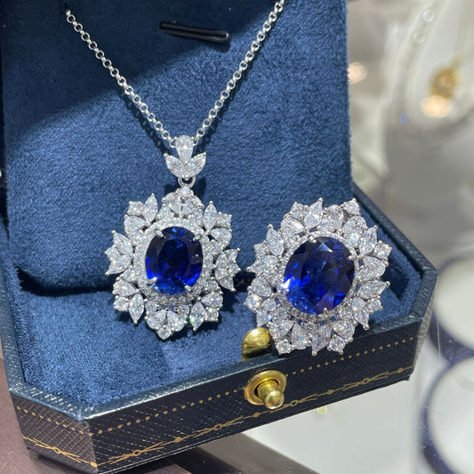 S925 Sterling Silver Lab-Created Blue Sapphire Necklace and Earrings Set, Floral Halo Jewelry for Women product image