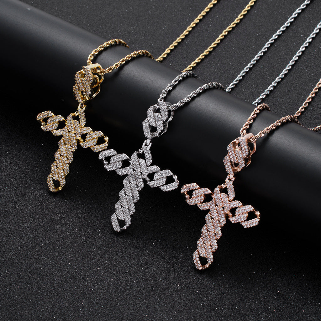 Hip Hop Cross Diamond Shape Cubic Zirconia Pendant Necklace for Men and Women