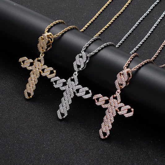Hip Hop Cross Diamond Shape Cubic Zirconia Pendant Necklace for Men and Women