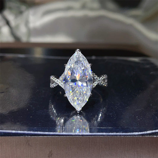 Marquise VVS Moissanite Ring for Women, 10 Carat Solitaire Engagement Ring with Twisted Pavé Band