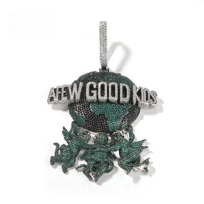 Iced Angel Globe Pendant Necklace with Green or Blue Cubic Zirconia, 24 Inch Twist Chain, Hip Hop Statement Jewelry