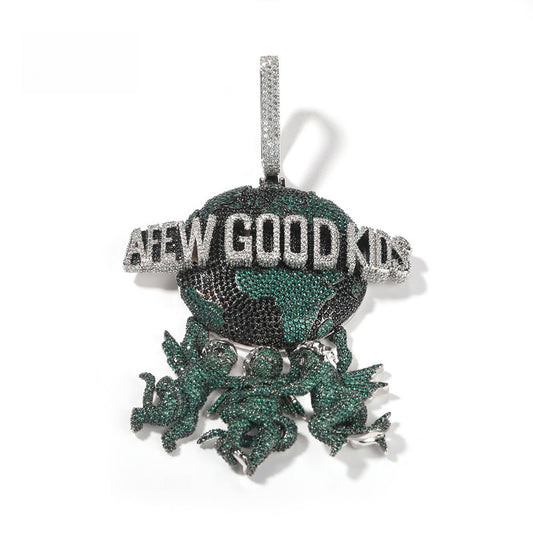 Iced Angel Globe Pendant Necklace with Green or Blue Cubic Zirconia, 24 Inch Twist Chain, Hip Hop Statement Jewelry
